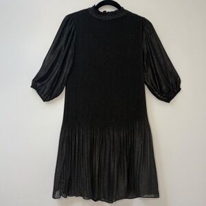 Nanette Lepore Black Metallic Plisse Pleated Puff Sleeve Shift Dress Size 4